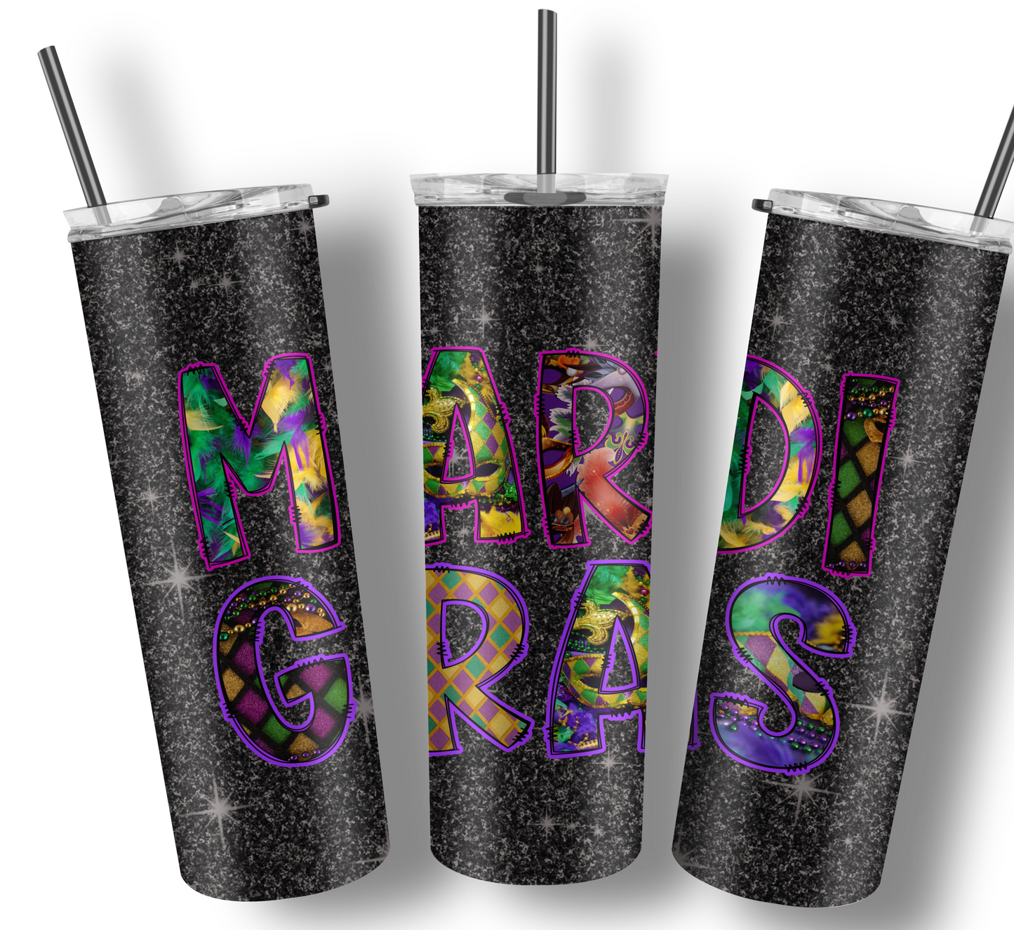 Mardi Gras Black Glitter Tumbler