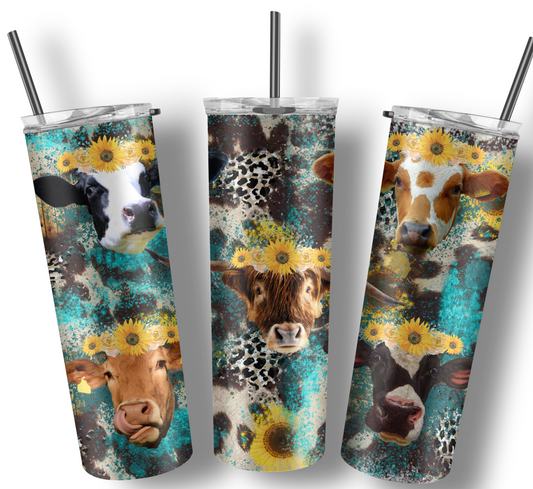 Western Cow and Sunflower Cowhide Tumbler